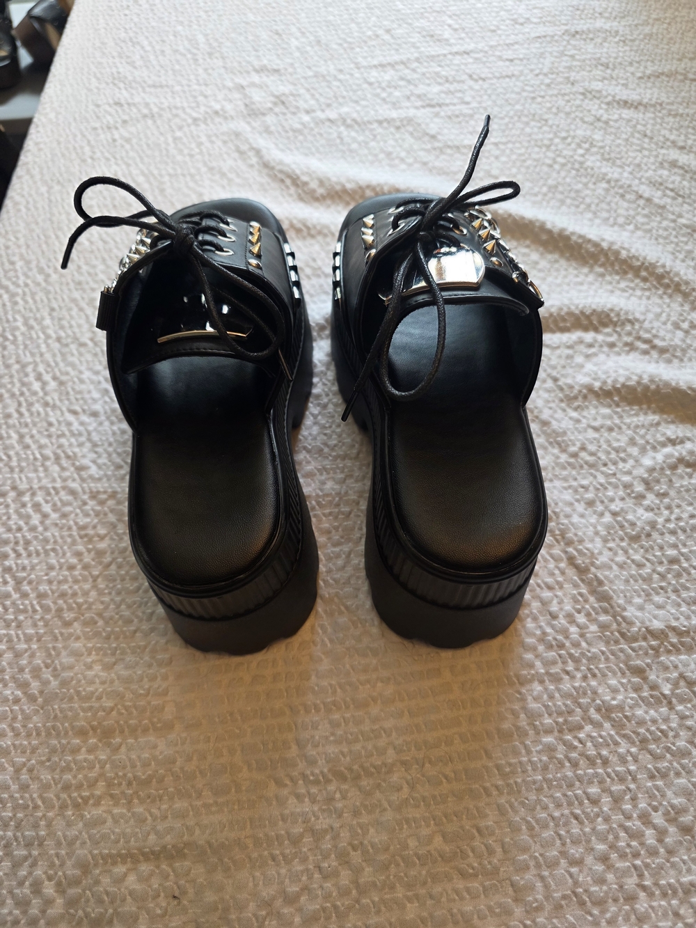 Black Platform Studded Lace-Up Sandal with Chain Accent - Picture 3 of 7